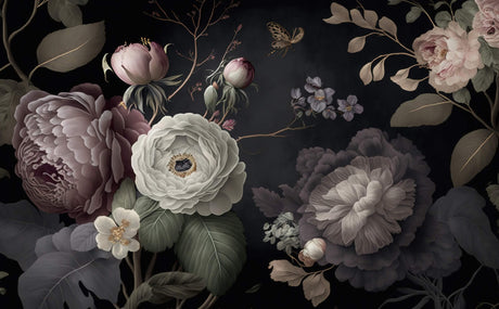 Design file of dark floral pattern showing detailed botanical illustrations on black background
