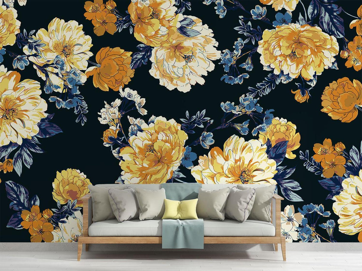 Navy and gold floral wallpaper creating drama in a modern living room with soft lighting