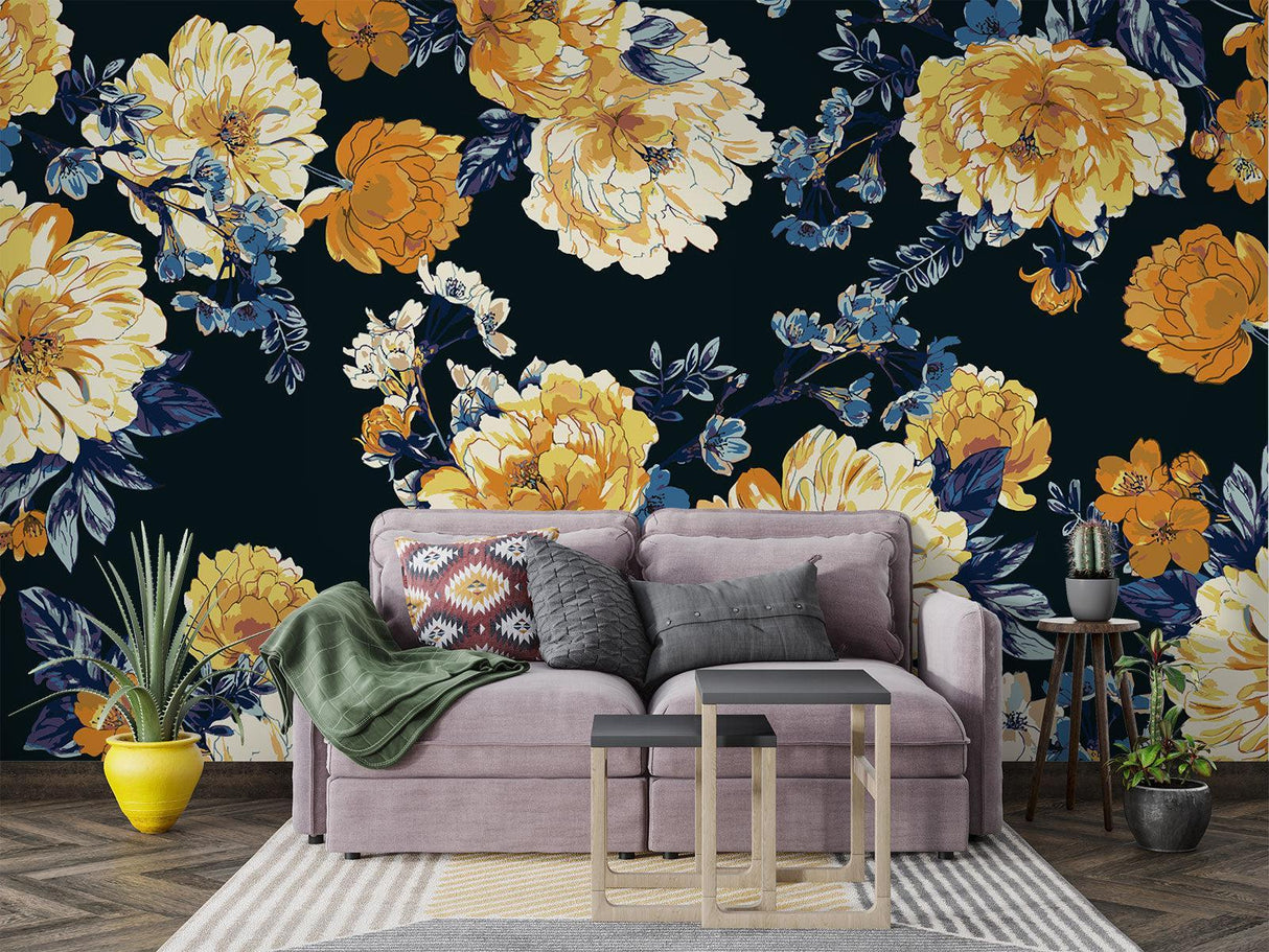 Dark floral wallpaper with golden blooms making a statement in an elegant dining room