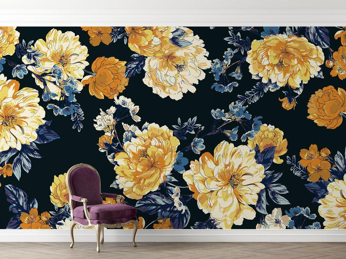 Botanical wall mural in navy and gold adding luxury to a master bedroom