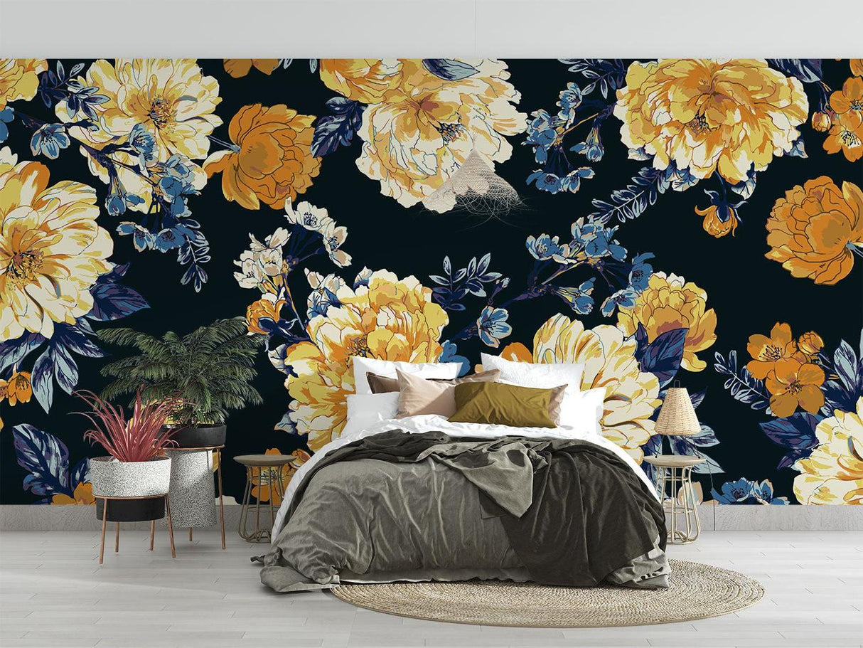 Navy floral wallpaper transforming a home office with golden flower details