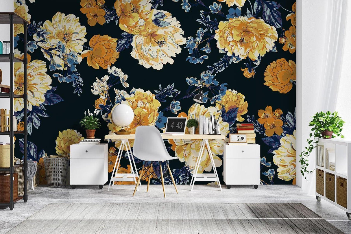 Gold peony wallpaper making an impact in a modern hallway setting