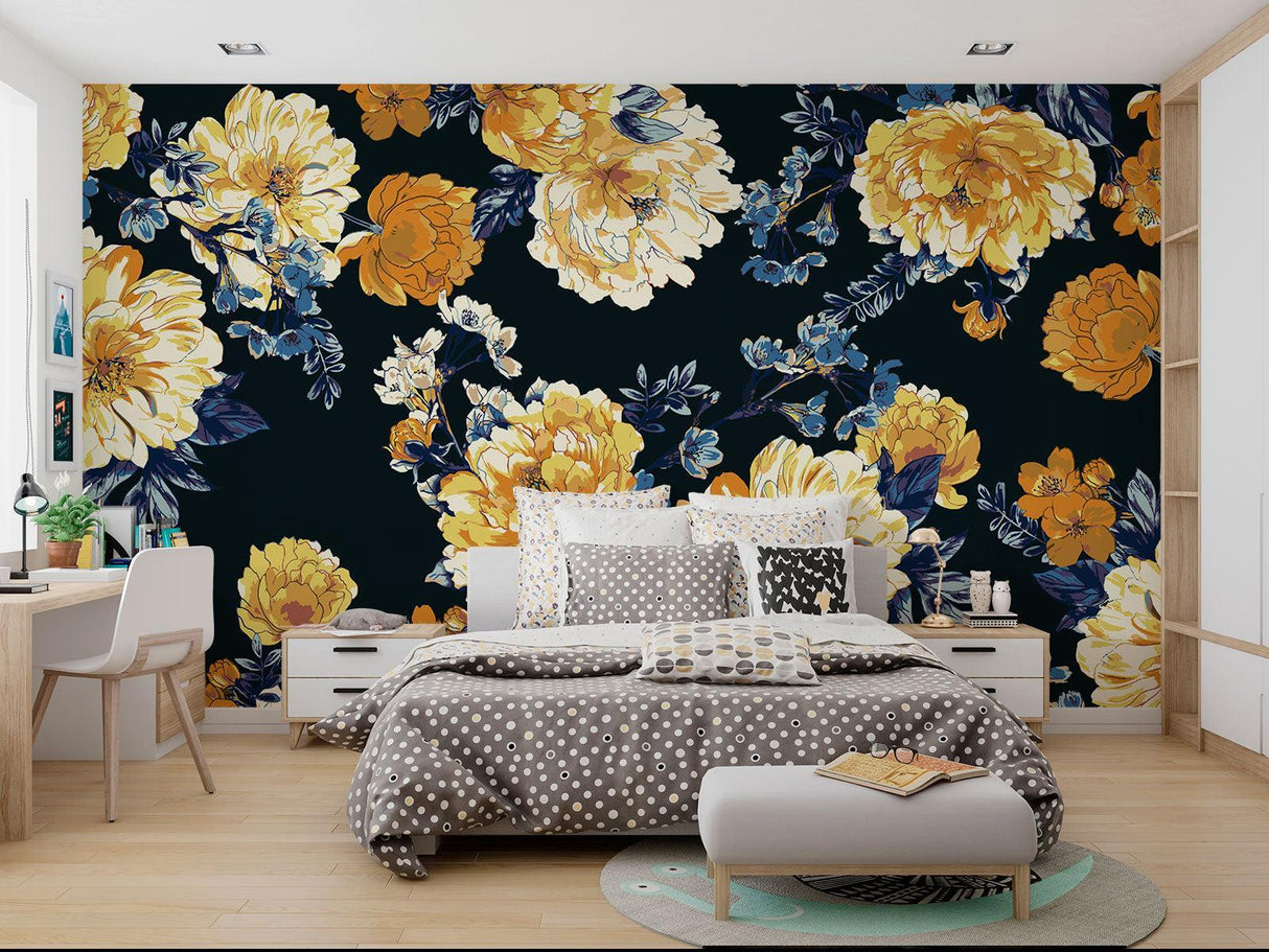 Dramatic navy and gold wall mural bringing elegance to an entrance foyer