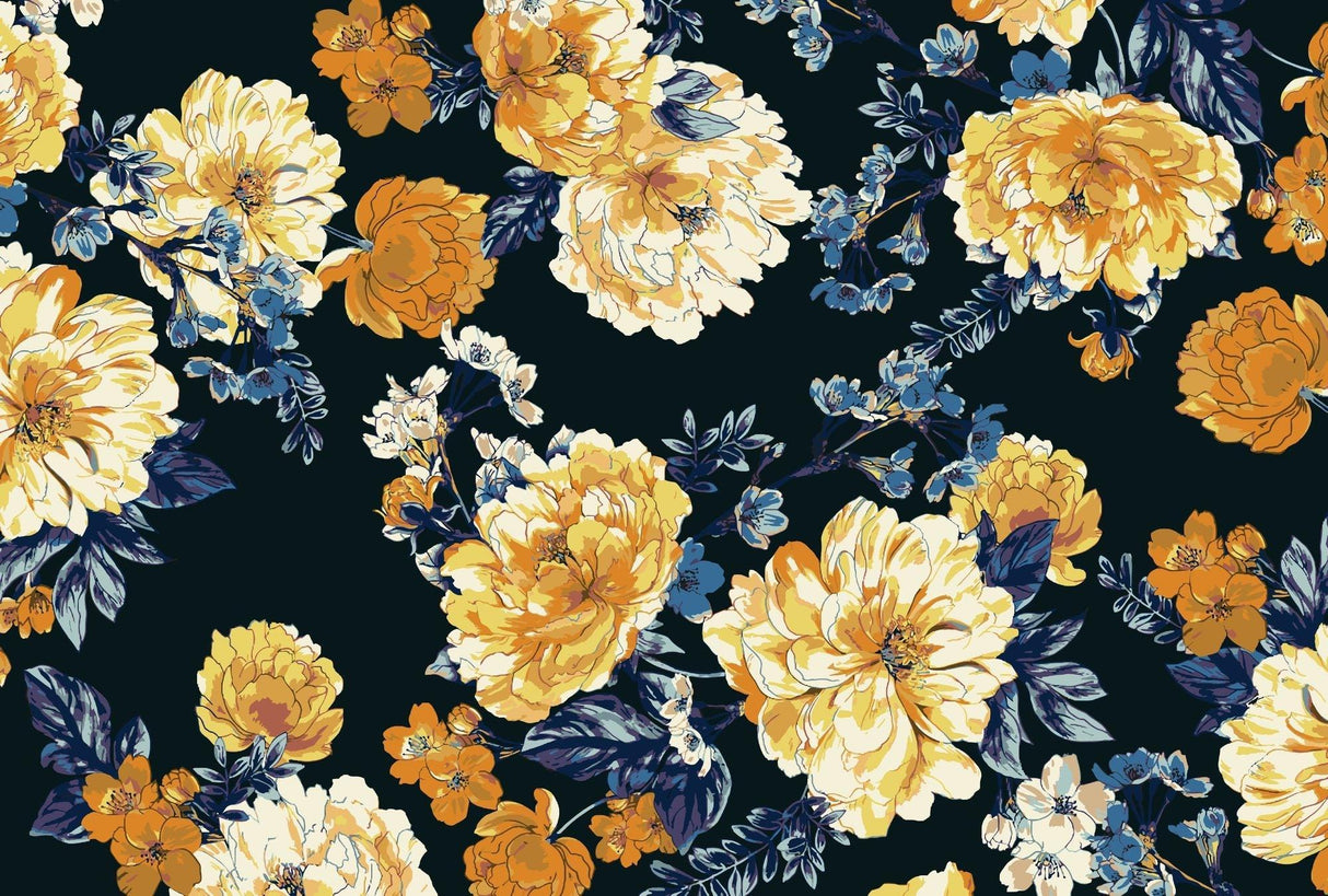Golden blooms on navy background design file showing intricate floral pattern details