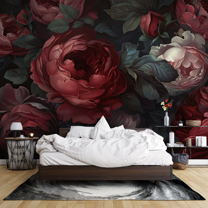 Moody floral mural in restaurant setting with ambient lighting