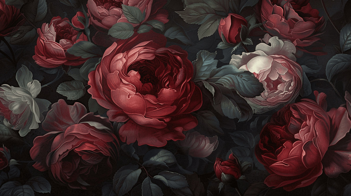 Design file showing detailed pattern of deep red roses on black background