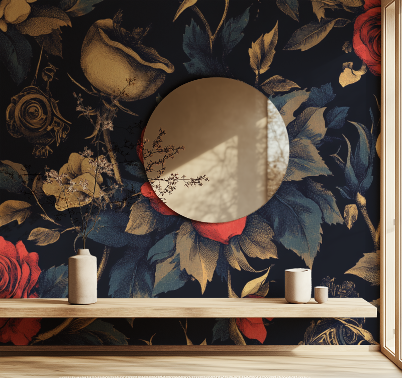 Dark floral wallpaper with gold accents creating drama in a modern dining room