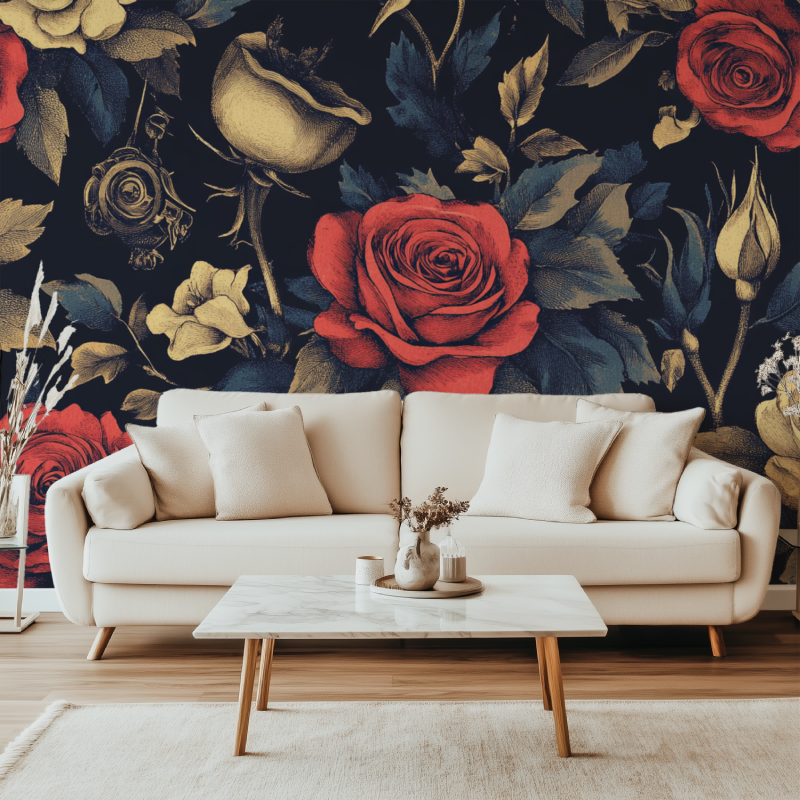 Dark rose mural wallpaper adding luxury to boutique entrance
