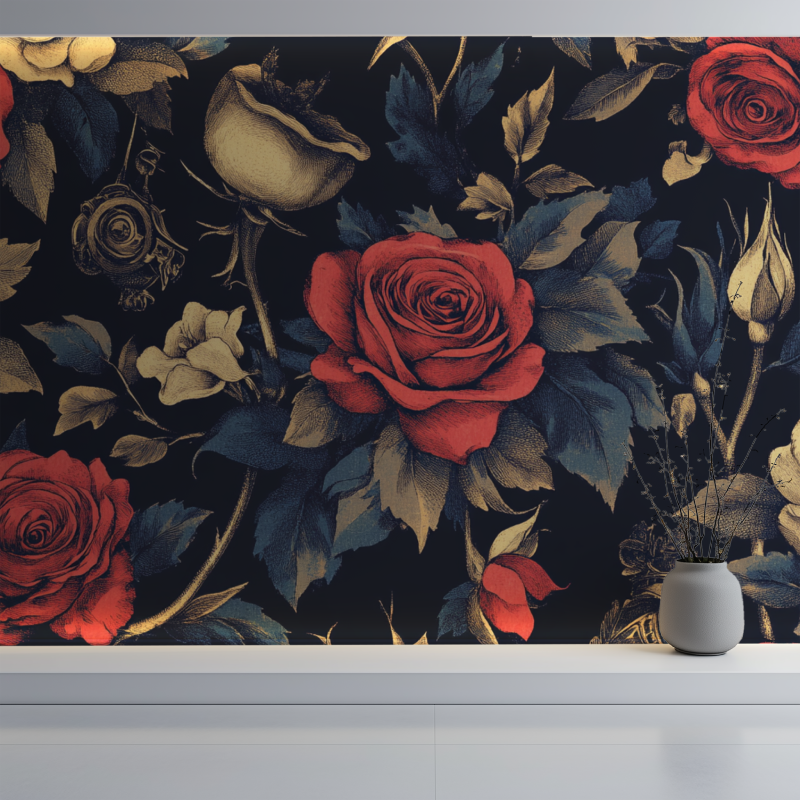 Floral wallpaper with gold details brightening dark hallway