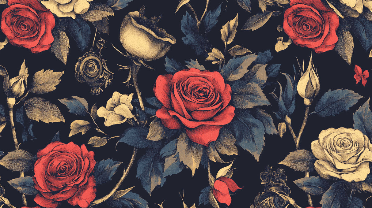 Design file of dark vintage roses and gold accents floral pattern