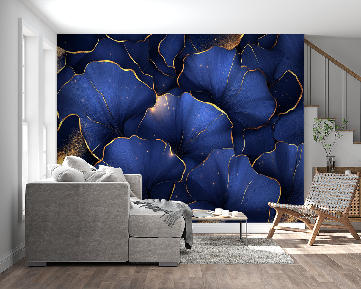 Blue and gold floral wallpaper creating drama in a modern living room setting