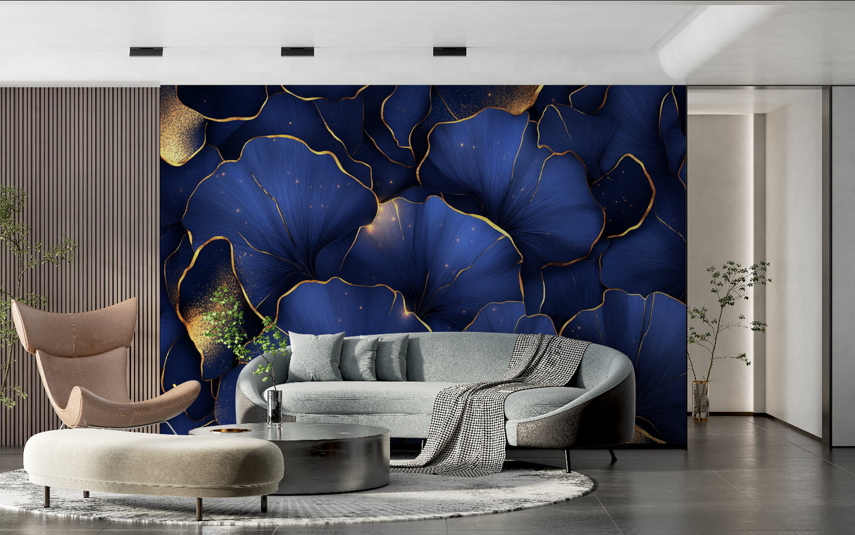 Deep blue floral mural with gold accents in a luxury bedroom setup