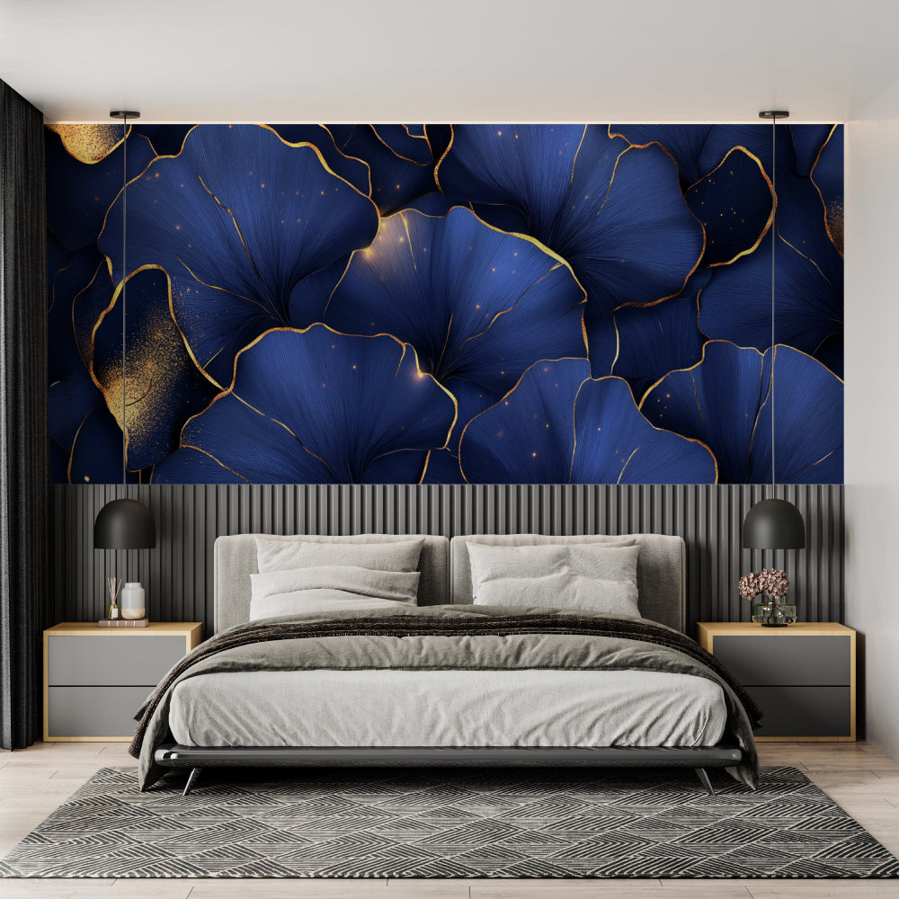 Gold-detailed blue flower wallpaper brightening a dining room space