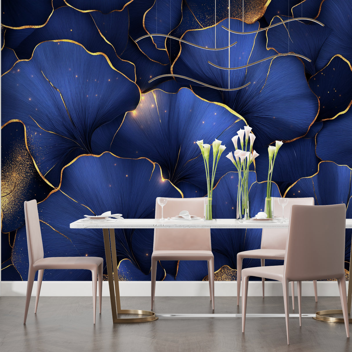 Blue and gold petal wallpaper making a statement in home office