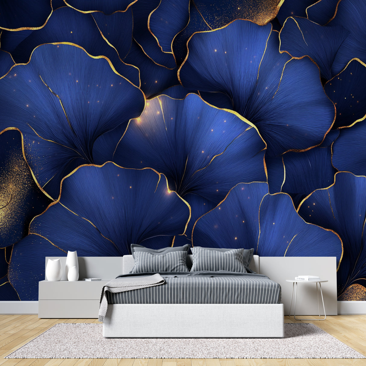 Floral wall mural showcasing deep blue and gold in entrance hallway