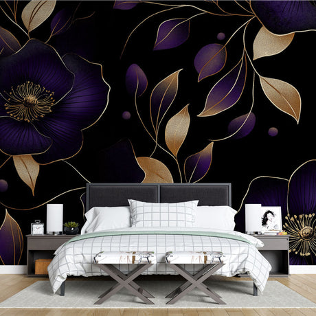 Dramatic purple and gold floral wallpaper creating a stunning backdrop in a modern dining room with crystal chandelier
