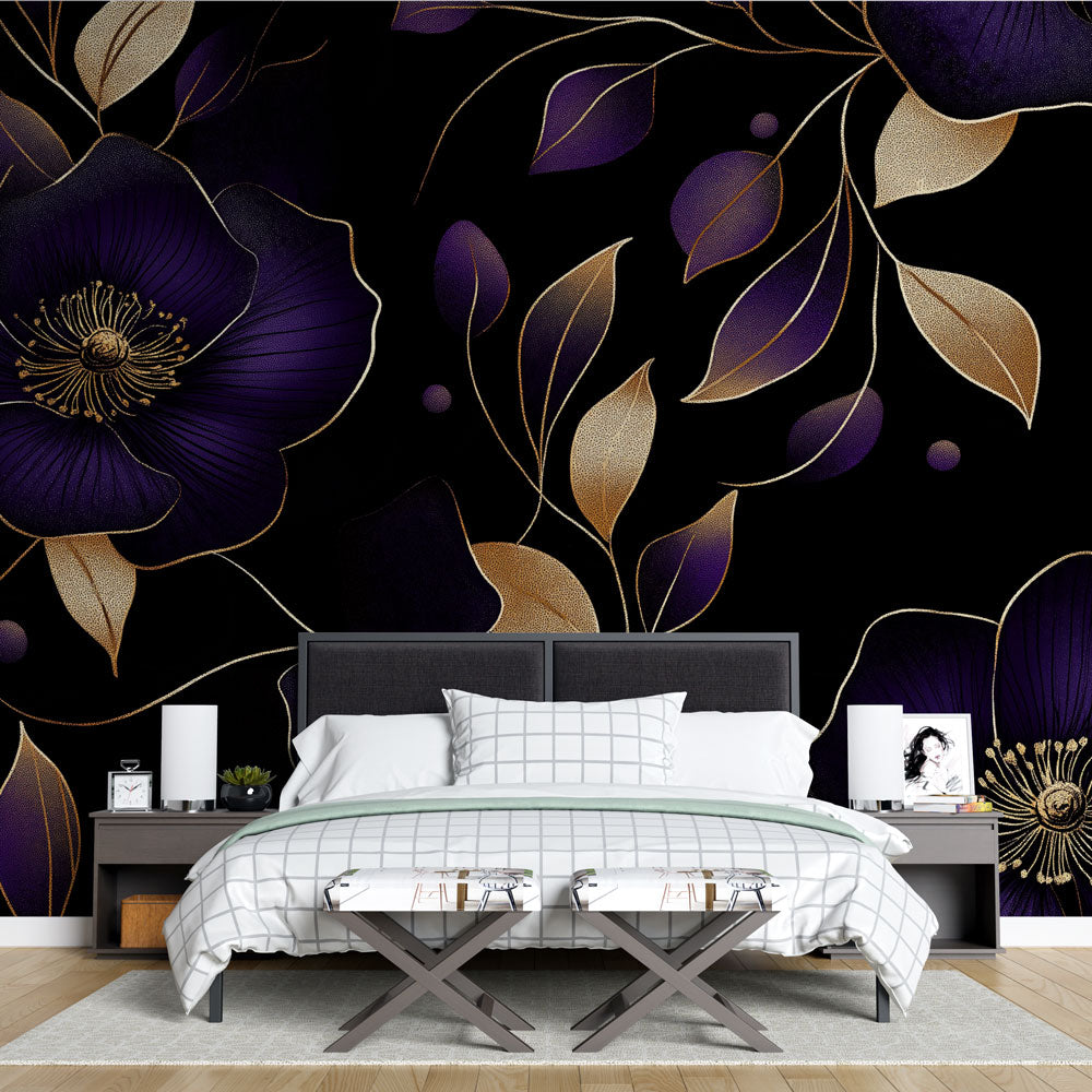 Dramatic purple and gold floral wallpaper creating a stunning backdrop in a modern dining room with crystal chandelier