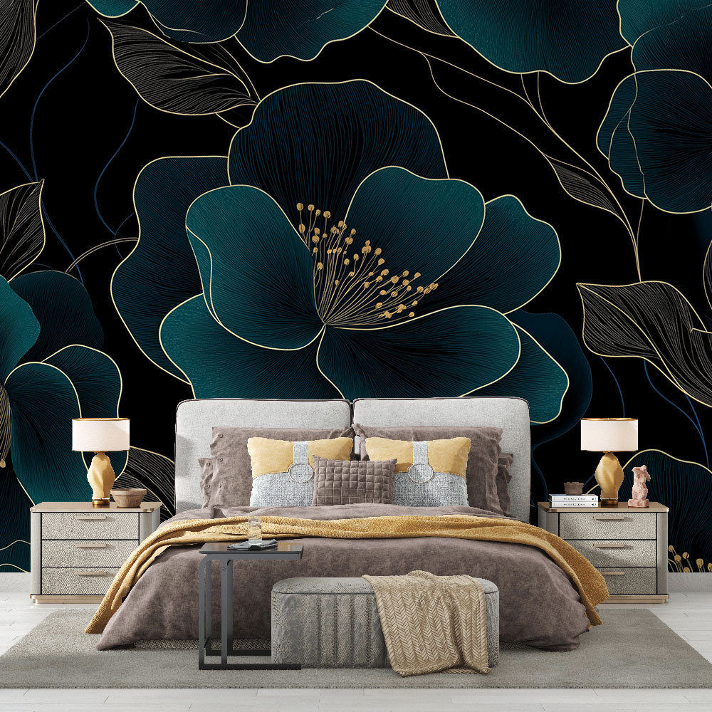 Teal and gold floral wallpaper in modern dining room with pendant lighting highlighting metallic details