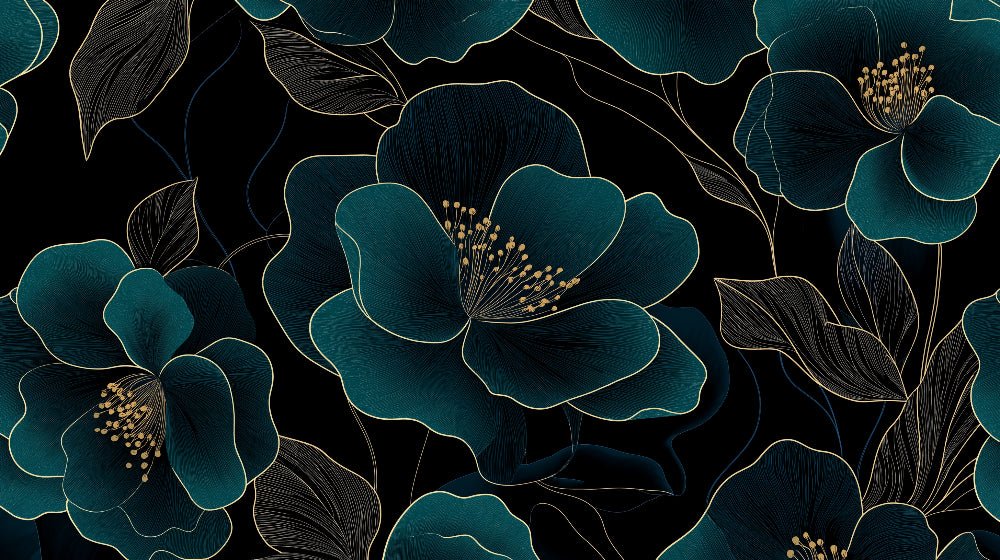 Deep teal blooms with gold lines design file showing intricate floral pattern detail