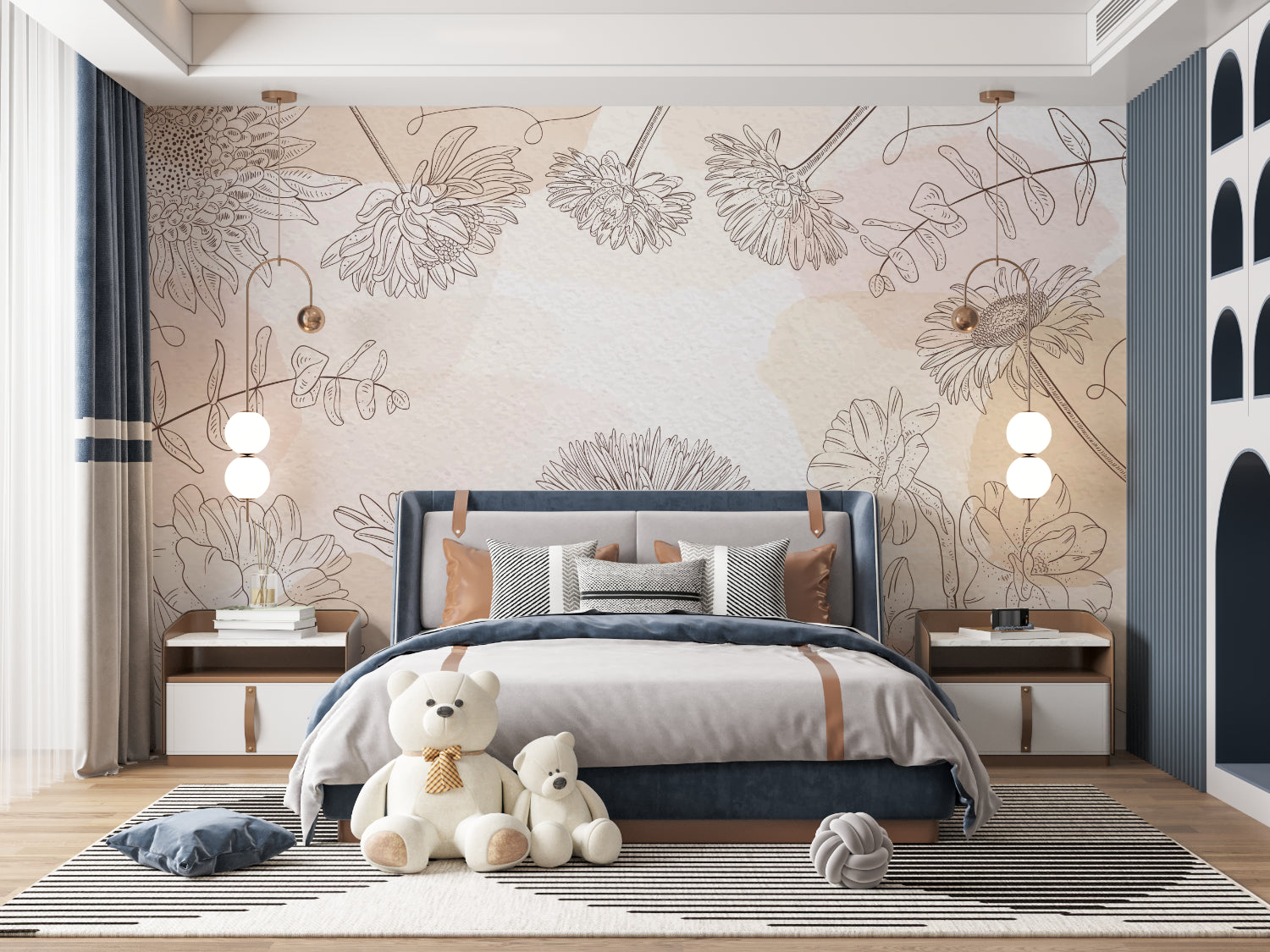 Botanical line art mural creating a peaceful atmosphere in a cozy reading nook