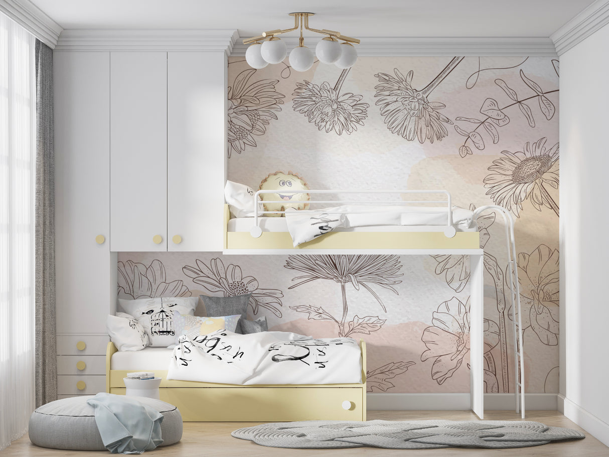 Delicate floral line drawing wallpaper enhancing a nursery with soft beige-pink tones