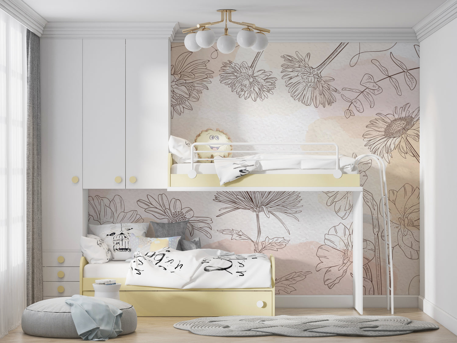 Delicate floral line drawing wallpaper enhancing a nursery with soft beige-pink tones
