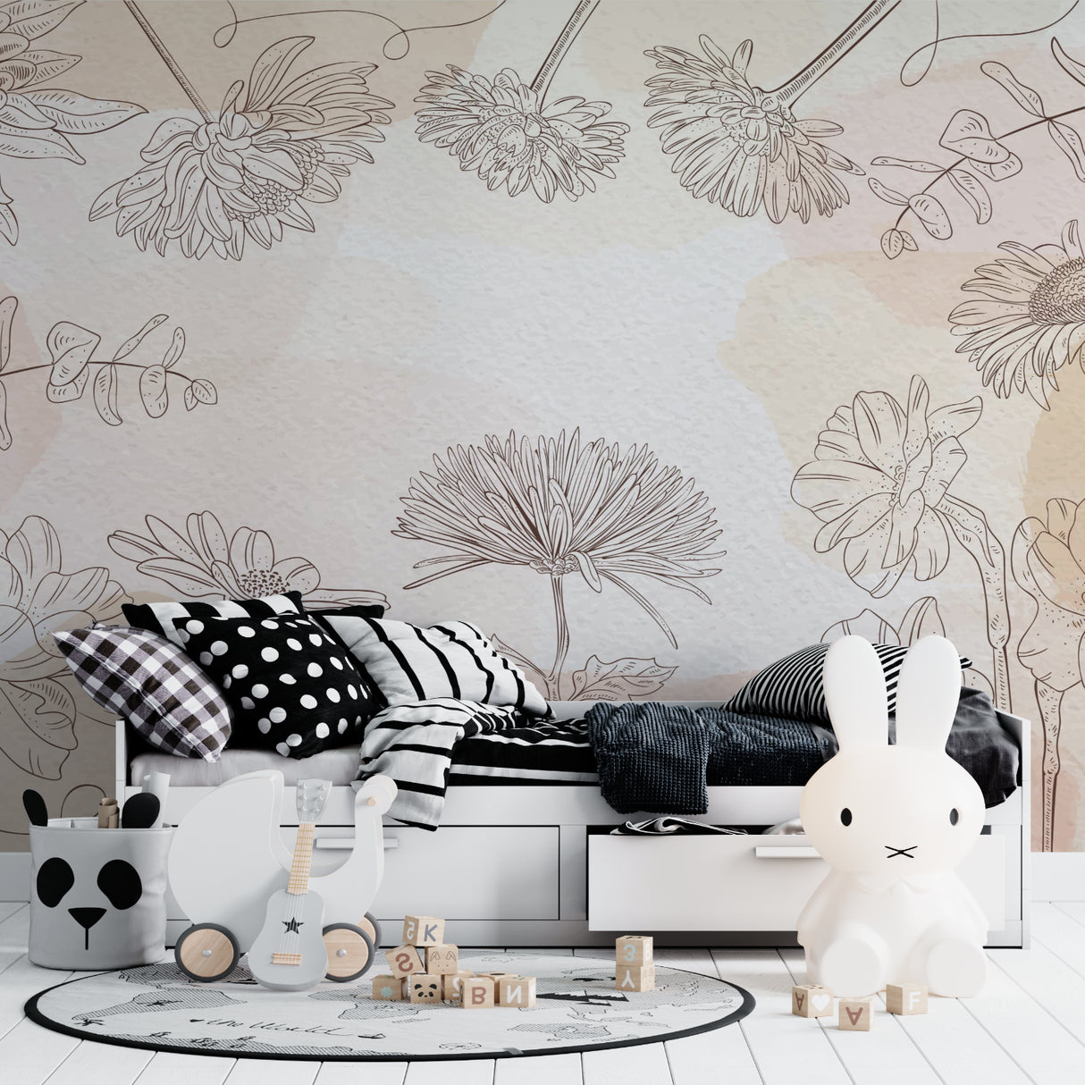 Line art flower mural adding sophistication to a dining room setting