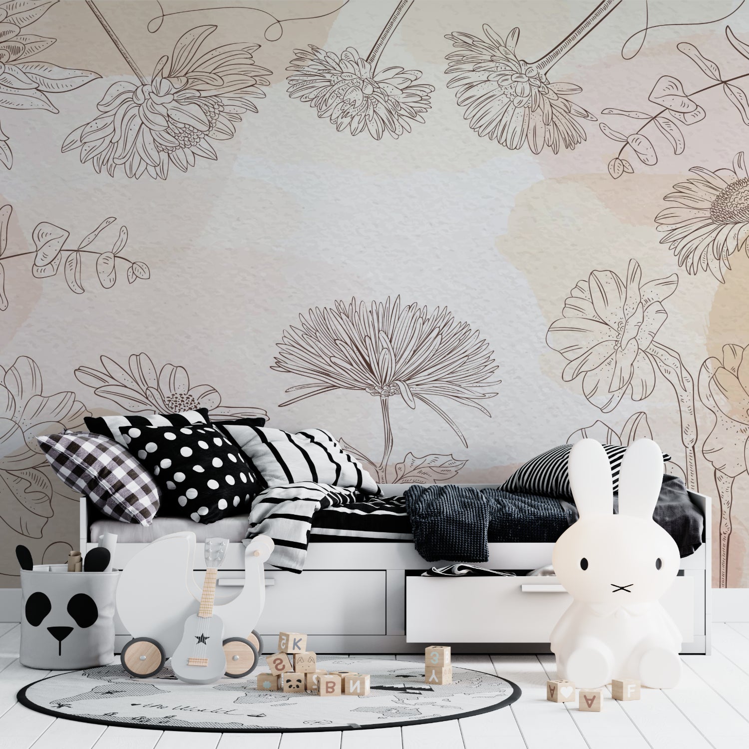 Line art flower mural adding sophistication to a dining room setting