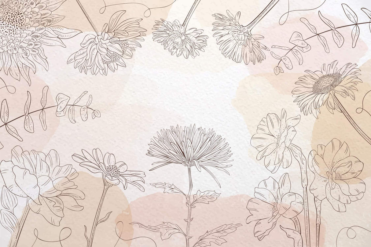 Floral line art wallpaper design file showing detailed botanical pattern and soft beige-pink background