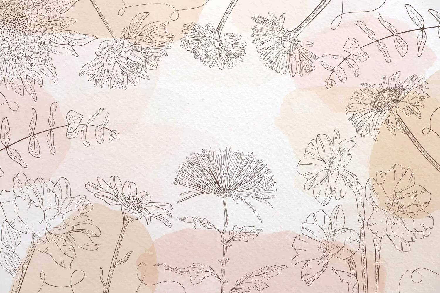 Floral line art wallpaper design file showing detailed botanical pattern and soft beige-pink background