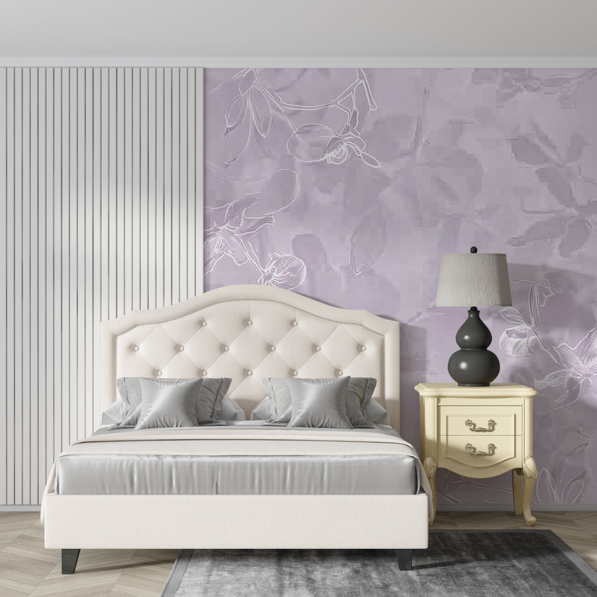 Floral line art wallpaper creating a peaceful atmosphere in a modern bedroom with natural light