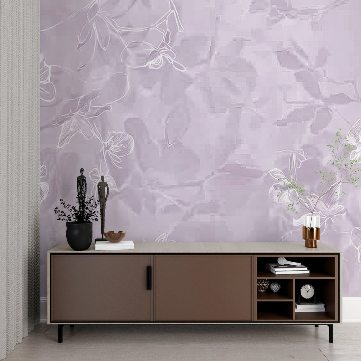 Lilac floral wall mural brightening up a cozy living room space