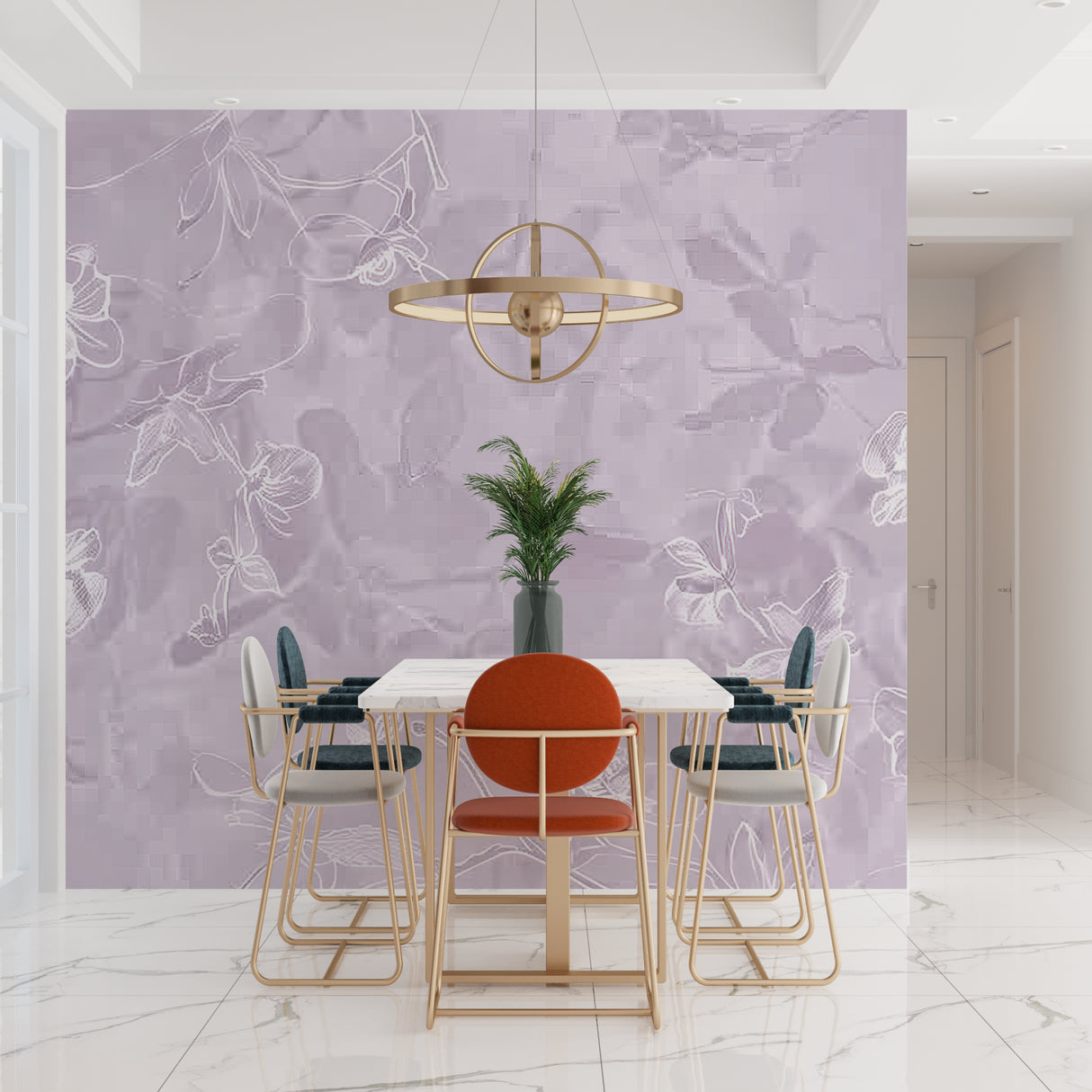 Modern floral wallpaper making a statement in a dining room