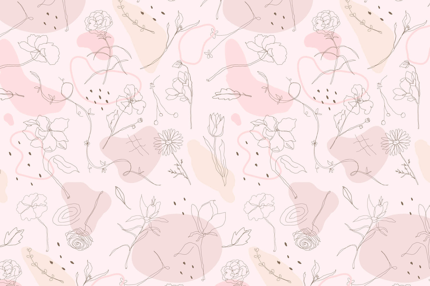 Floral line art wallpaper design file showing detailed botanical sketches on pink background