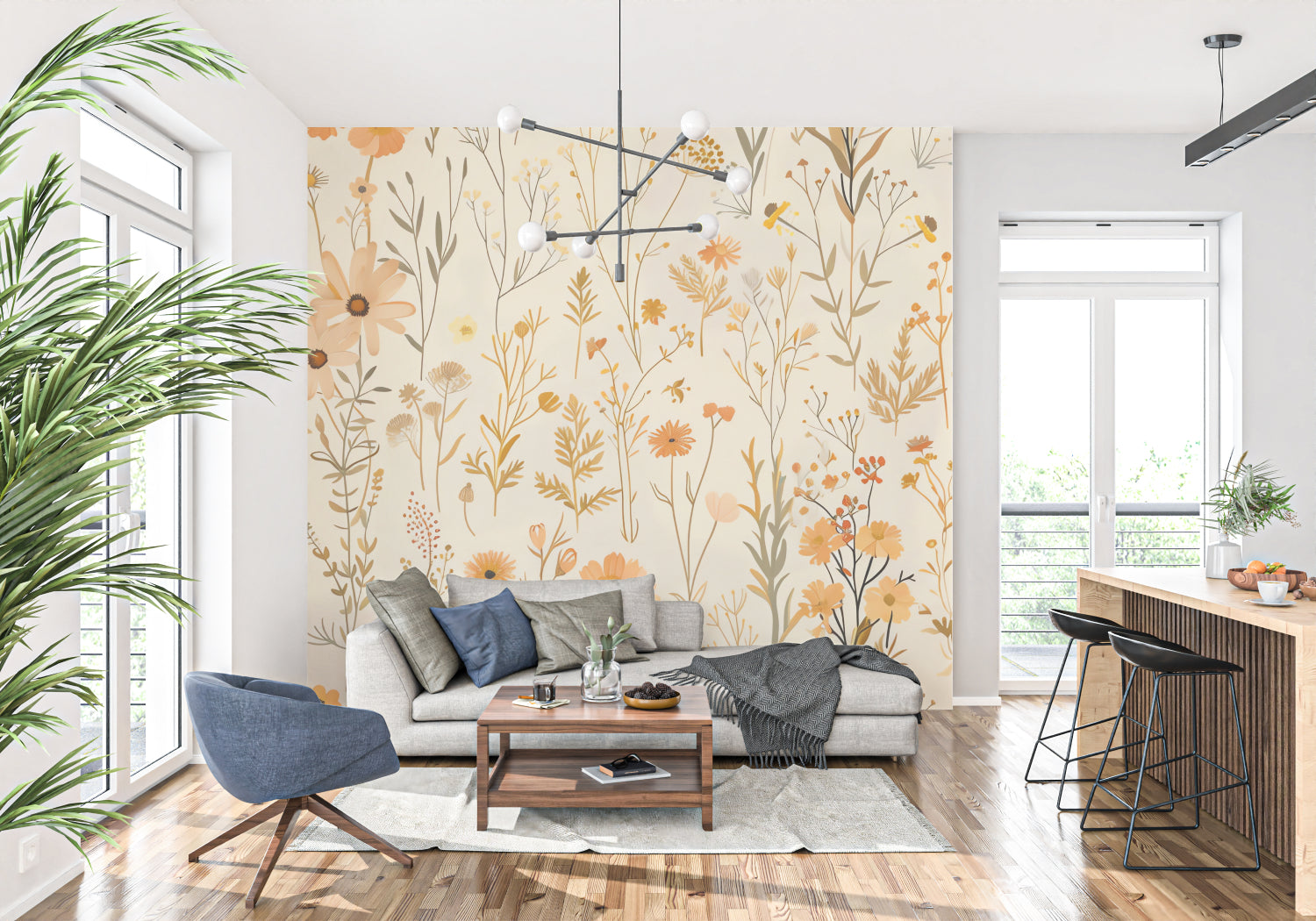 Floral wall design showcased in a home office space