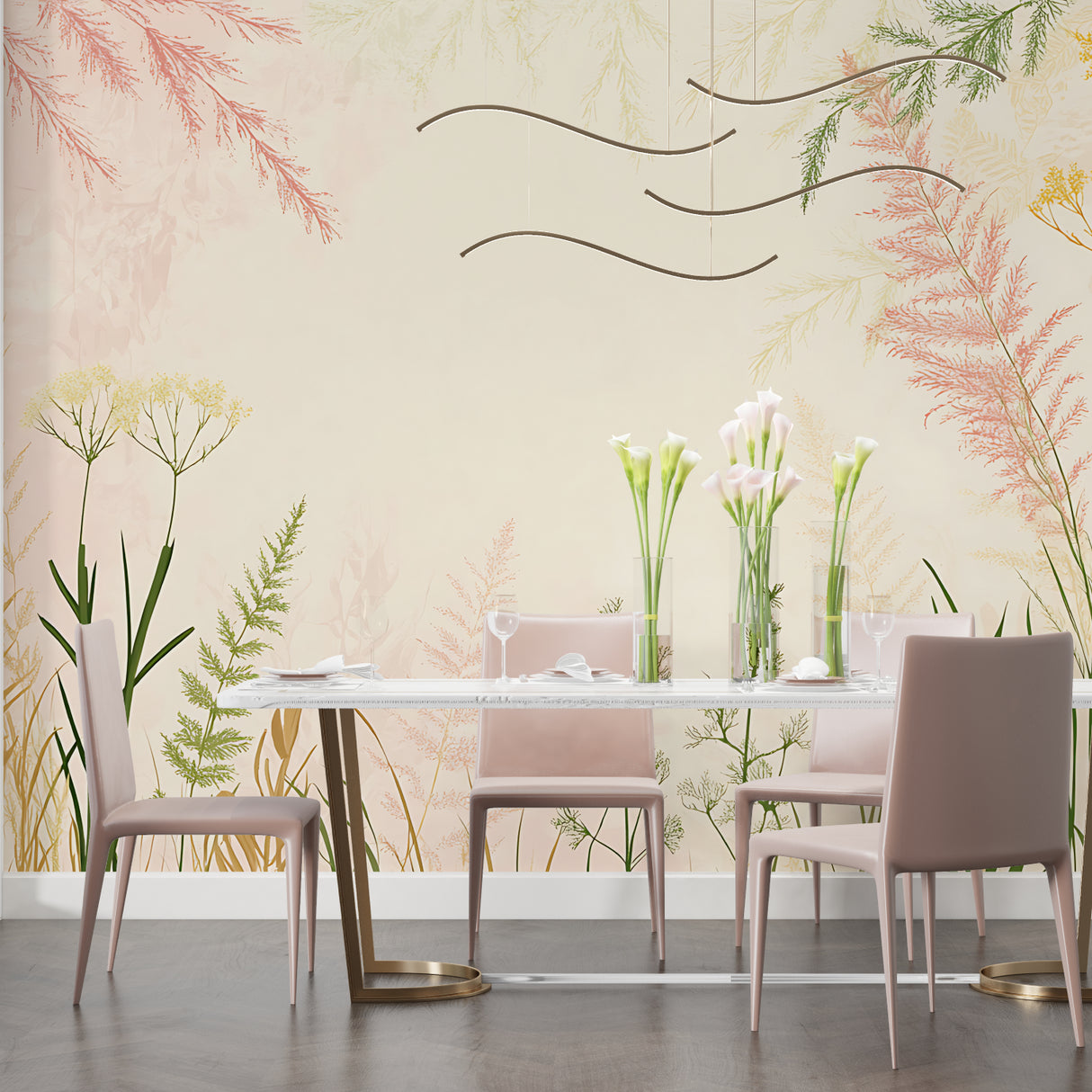 Watercolor floral wallpaper creating a serene atmosphere in a bright modern living room