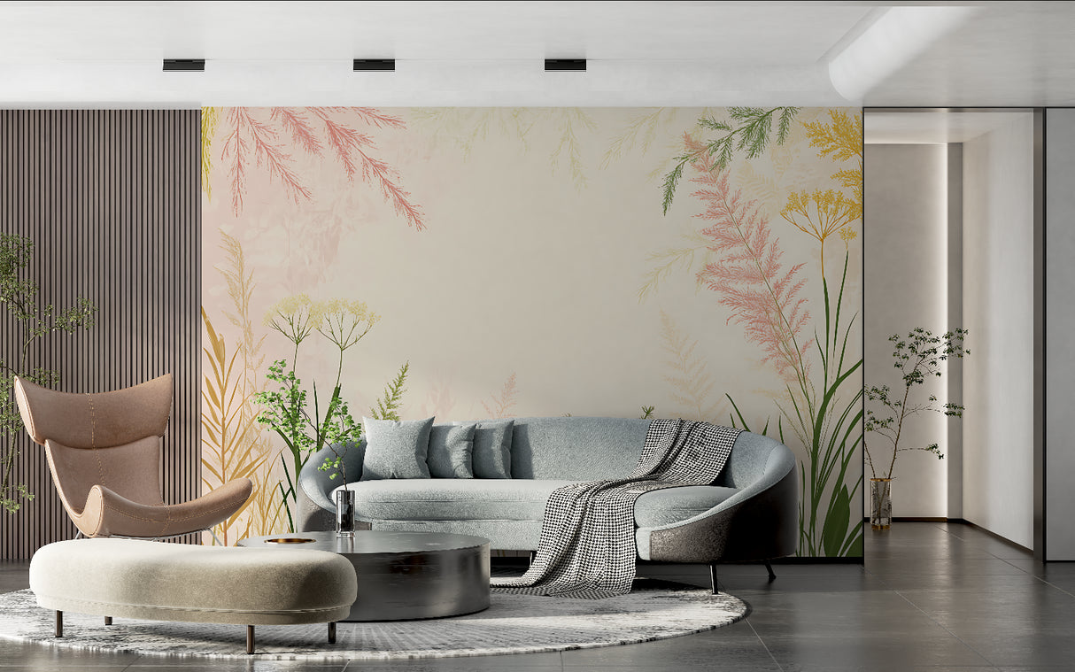 Pastel botanical wall mural adding charm to a cozy bedroom setting