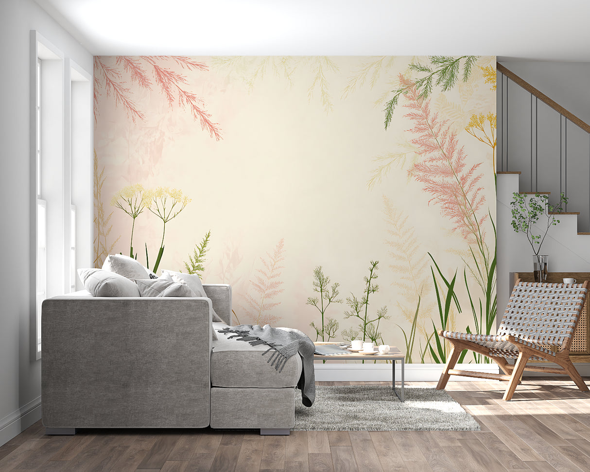 Watercolor garden mural enhancing a home office with soft, natural tones