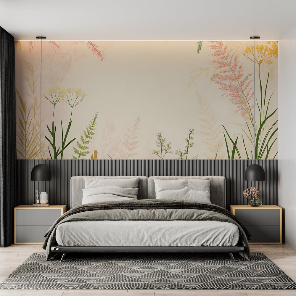 Botanical wall mural creating a peaceful reading nook in a sunny corner