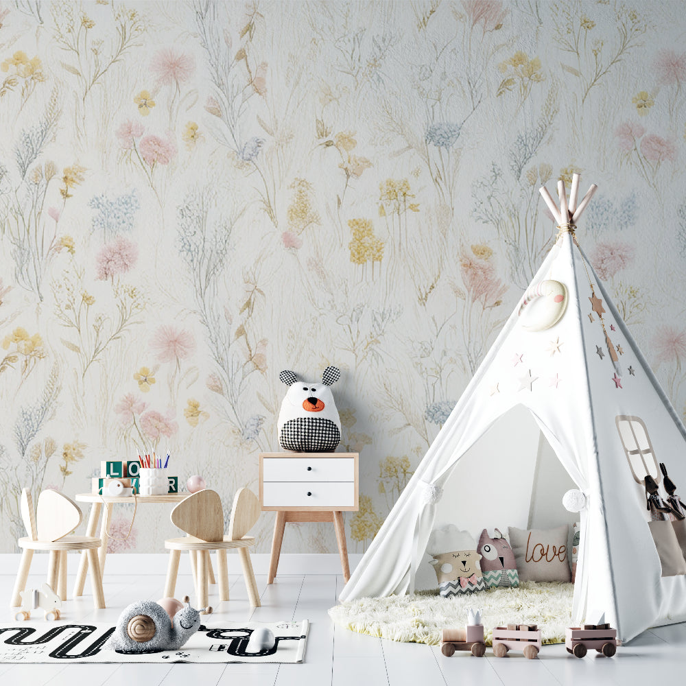 Floral nursery wallpaper with pastel wildflowers creating a peaceful atmosphere in a baby girl's room