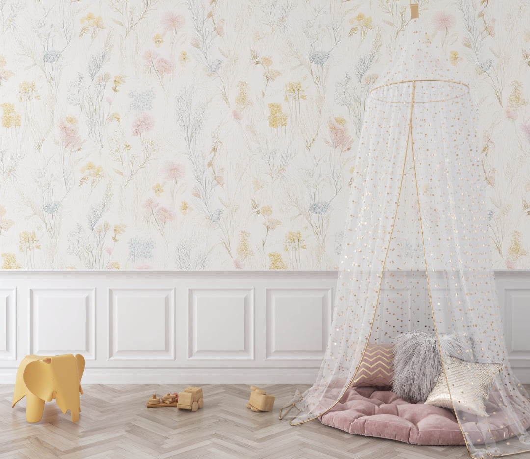 Delicate wildflower wall mural bringing natural charm to a bright living room space