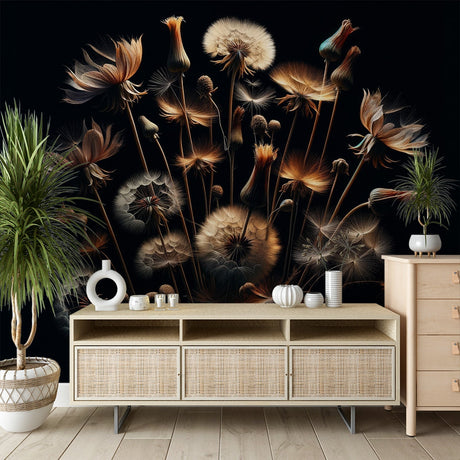 Black and gold dandelion wallpaper in modern living room with gray sofa and ambient lighting