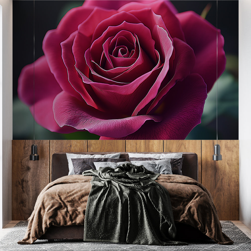 Red rose wallpaper mural styled in a modern dining room with dark furniture and ambient lighting