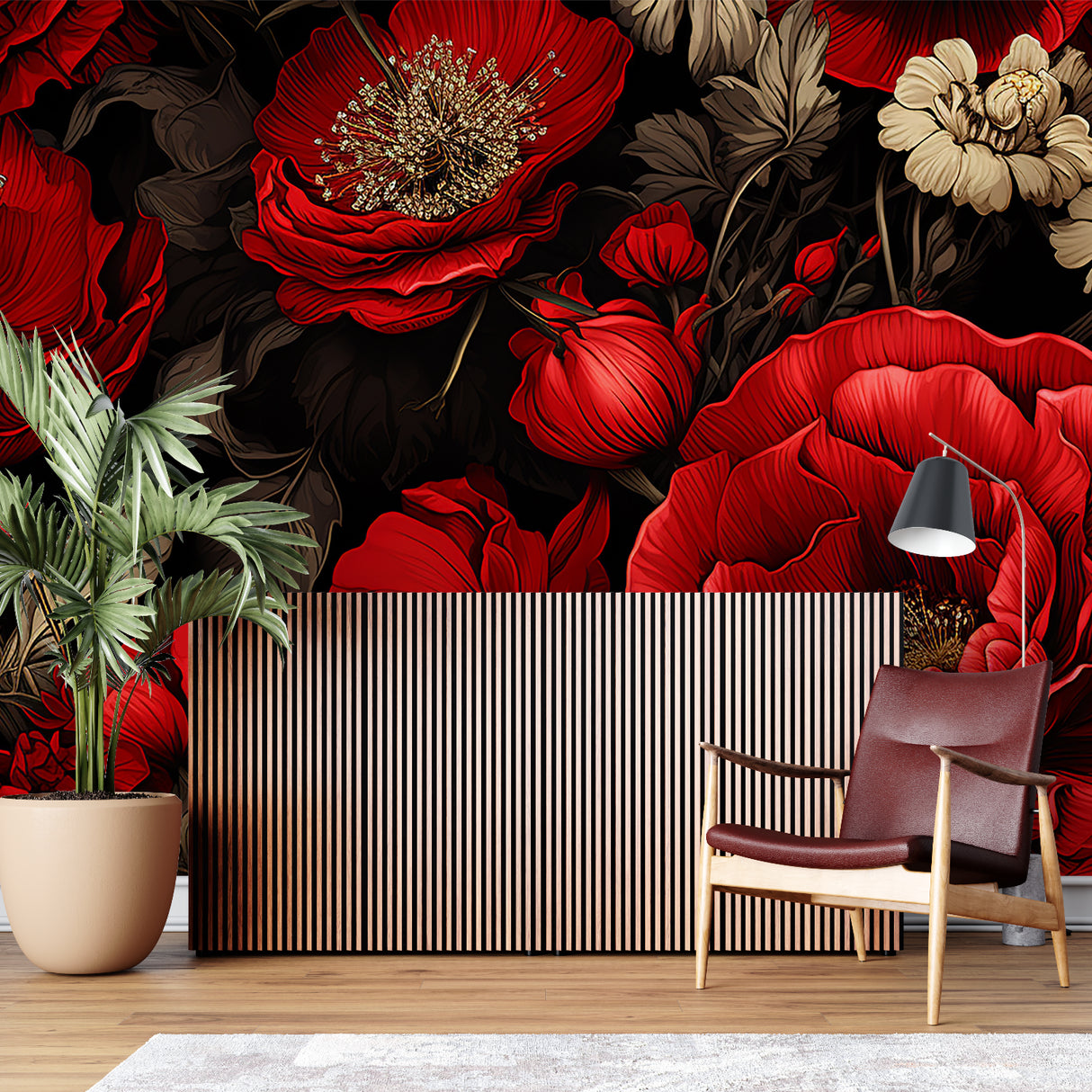 Bold floral wallpaper featuring red roses in an elegant dining room setting