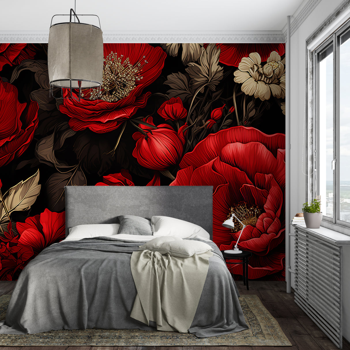 Dark floral mural with red roses making a statement in master bedroom