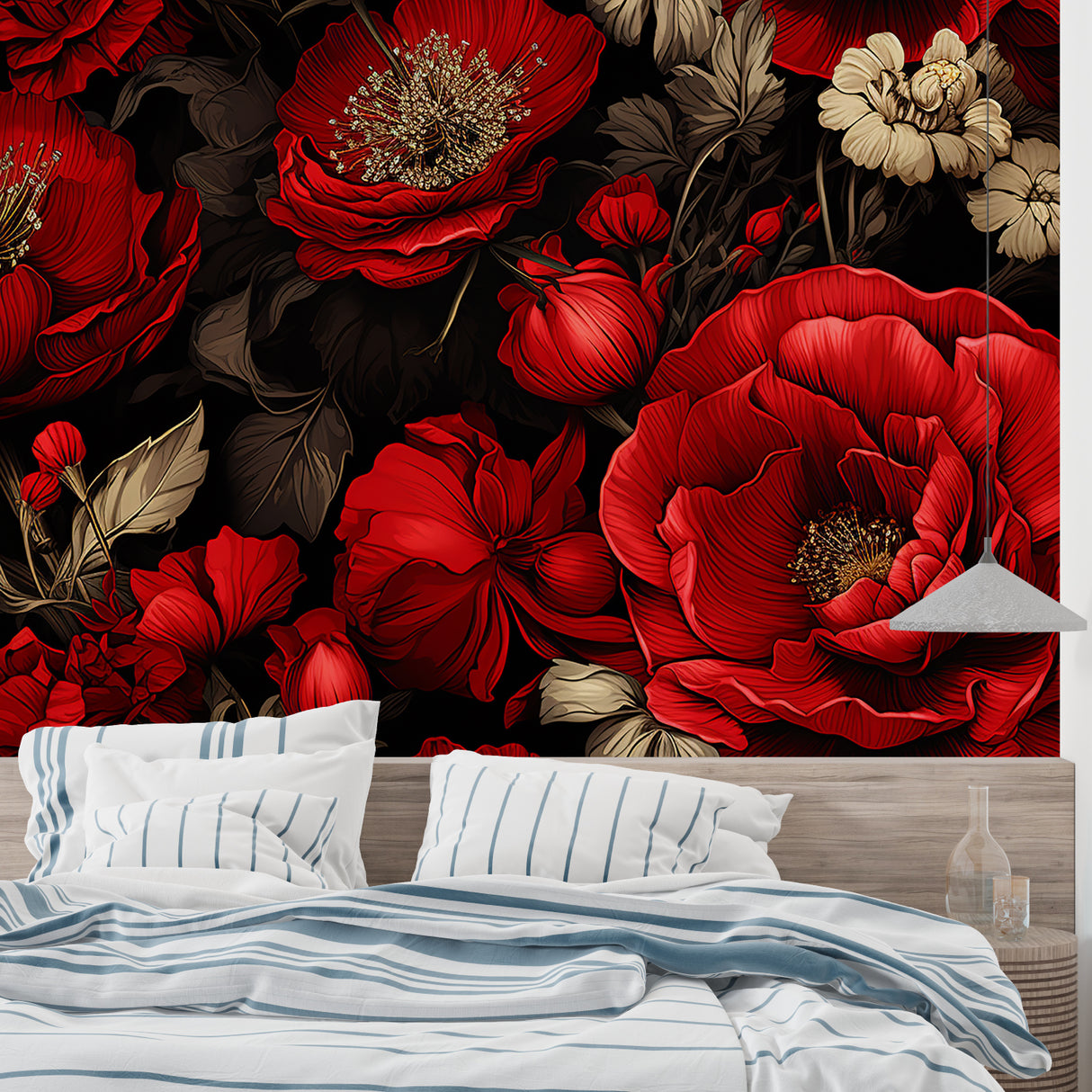 Black and red rose wallpaper adding sophistication to a home office