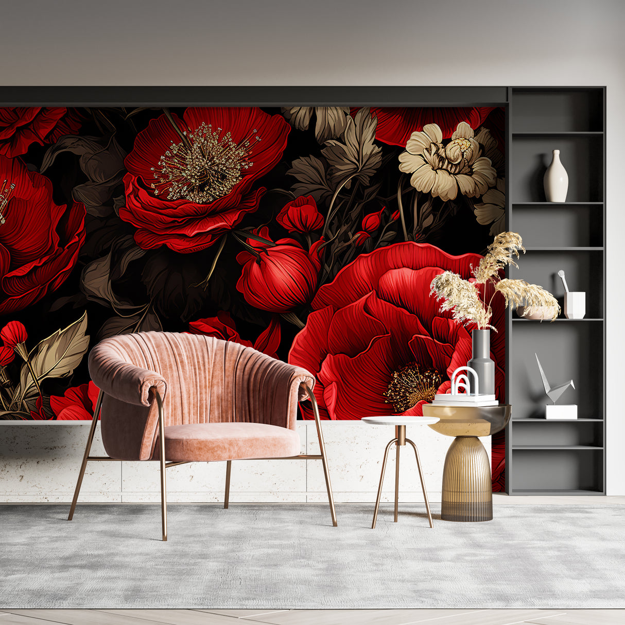Red rose mural wallpaper creating ambiance in boutique entrance