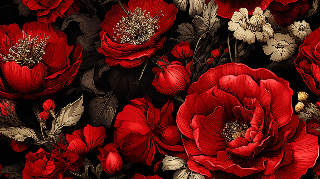 Design file of red roses on black background wallpaper pattern showing intricate details