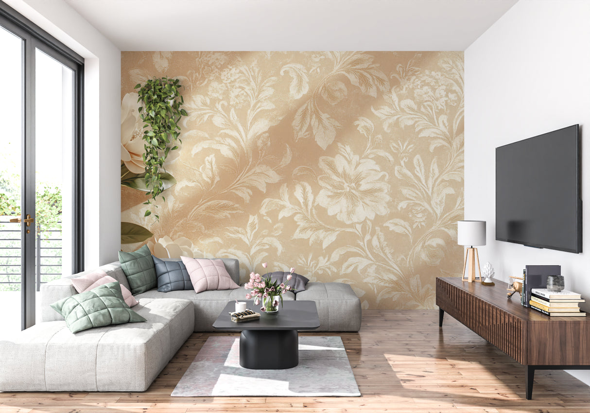 Botanical wall mural bringing sophistication to a bright dining room setting