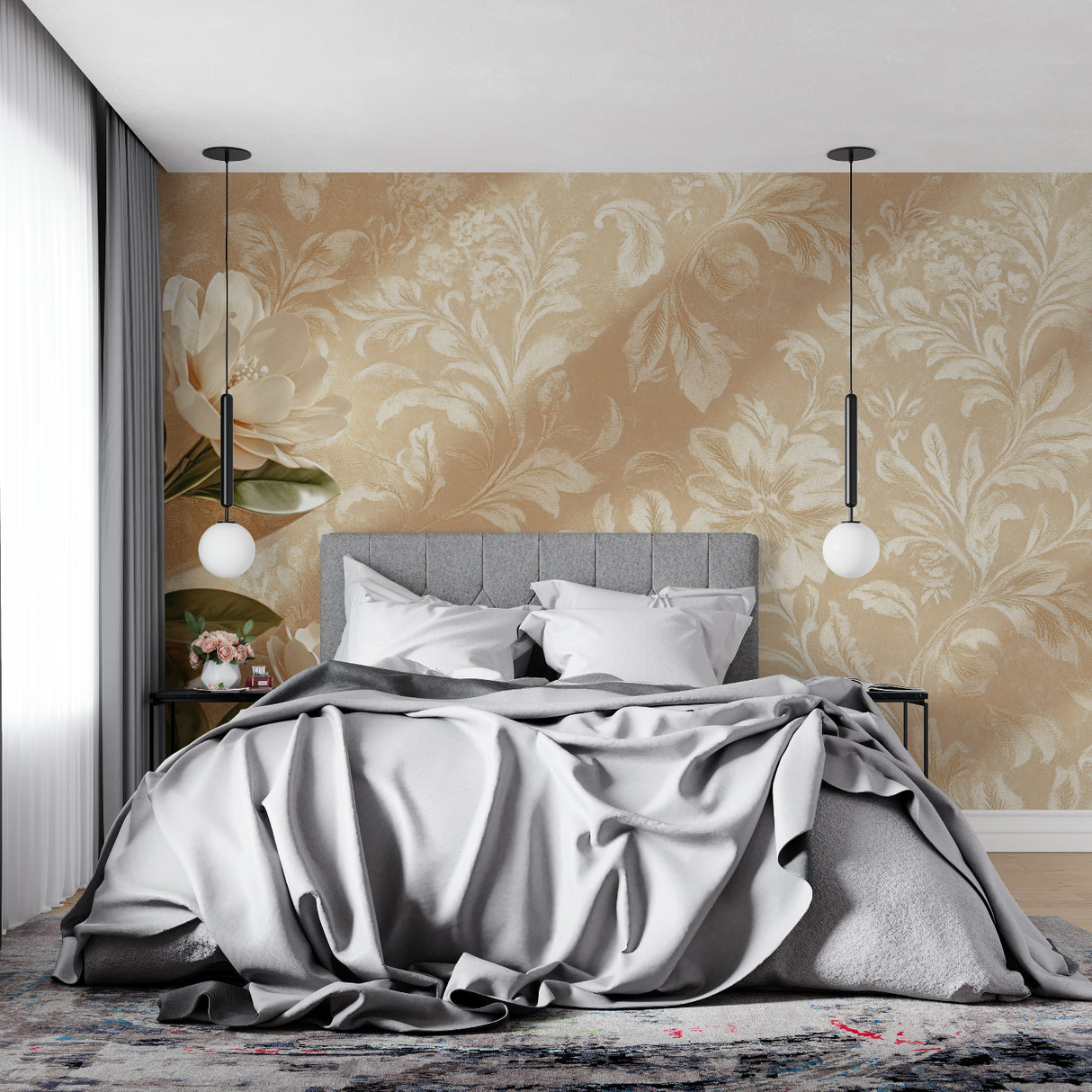 Floral wallpaper adding charm to a home office with minimal furniture
